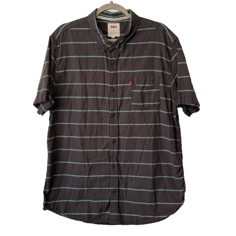 Levi's XXL Striped Button Up Short Sleeves Collared Shirt Navy Blue Teal Men's